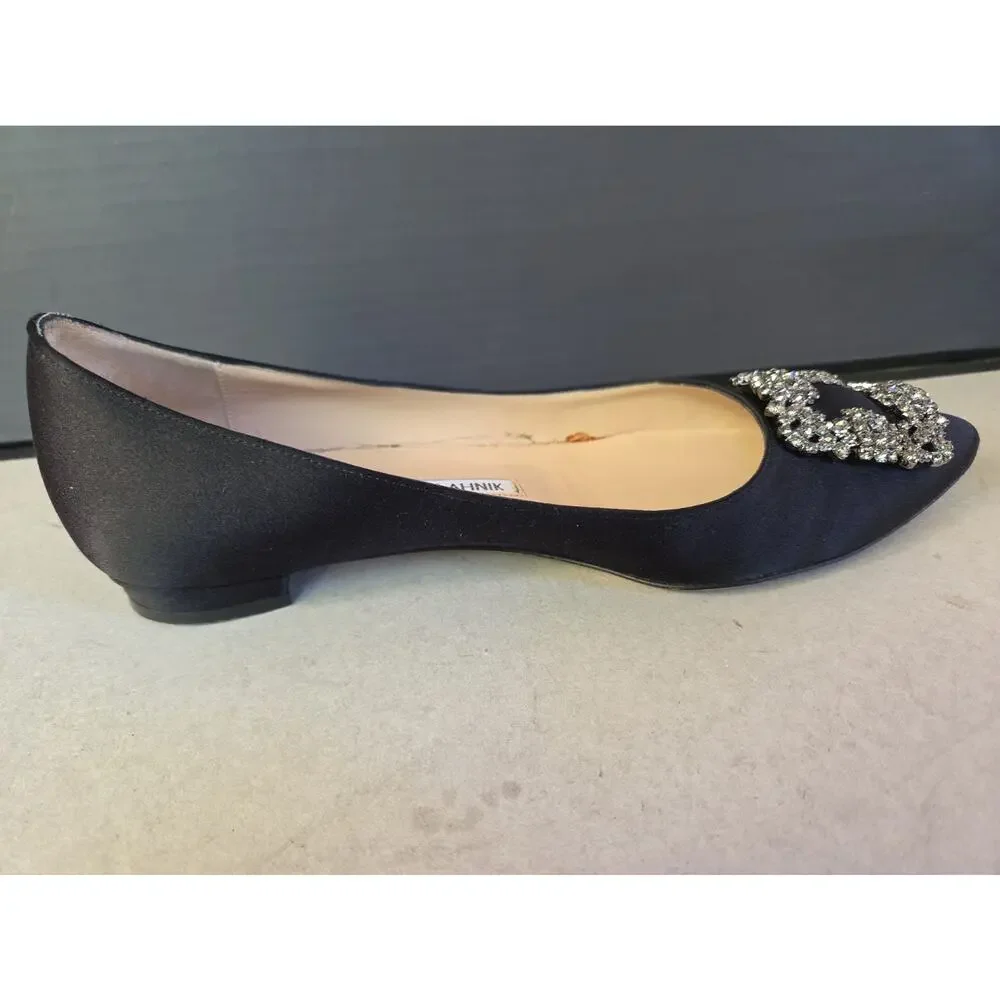 Manolo Blahnik Hangisi Jewel Buckle Flat Pumps Black Satin Women's 36 US8 w/Box